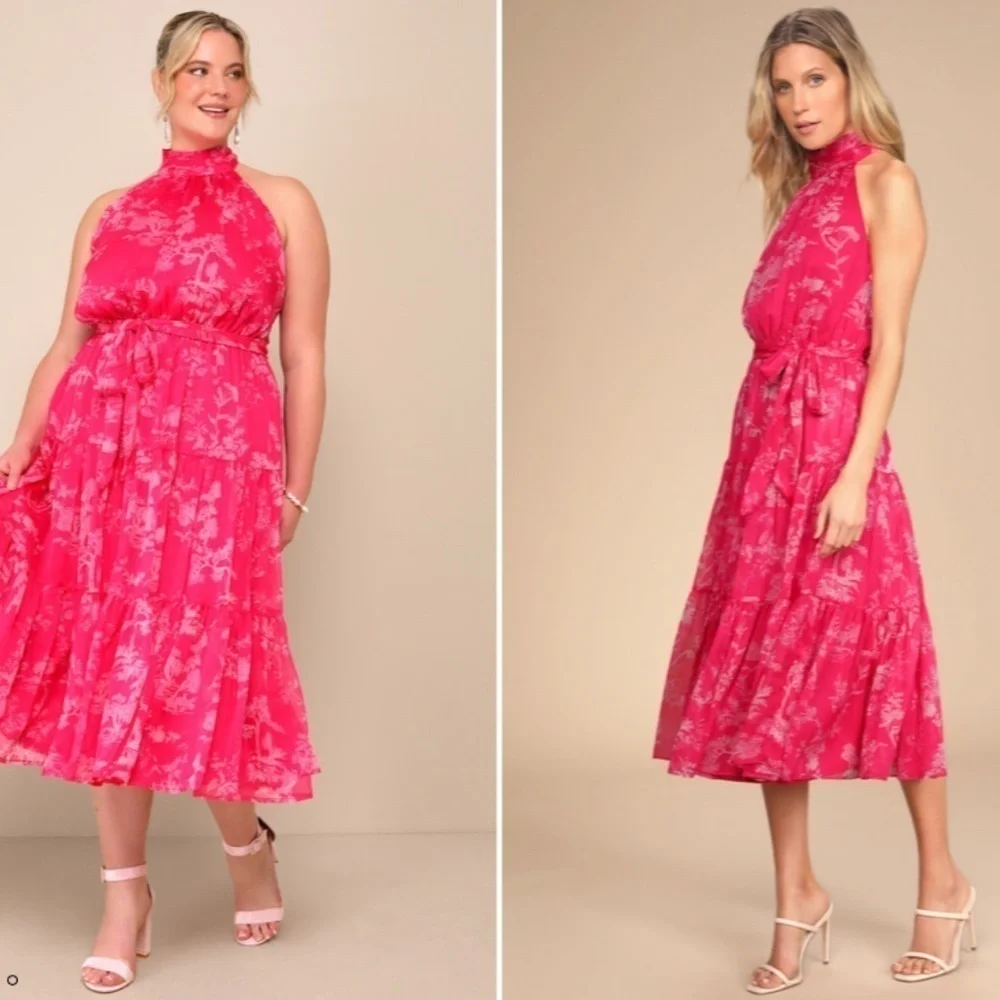 LULU's Floral Sexy Flowy Chic Halter Neck Modern Hot Pink Midi Dress NWOT - Picture 6 of 6